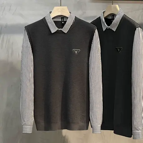 2023秋冬季新款商务休闲毛衣男士修身衬衫领潮流徽章假两件针织衫商品大图