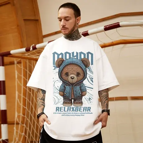 美式潮牌ins小熊t恤男短袖潮流宽松加大码情侣装oversize高街半袖商品大图