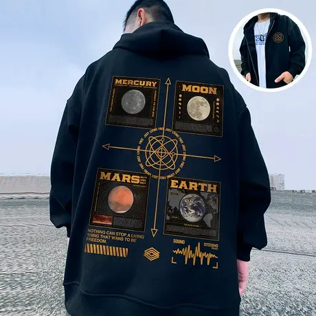 2024新款oversize春秋款宽松大码连帽加绒加厚拉链开衫胖子卫衣男图片