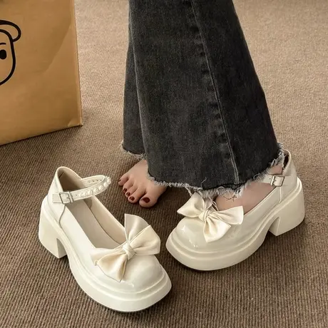 玛丽珍鞋女2023年秋新款时尚甜美蝴蝶结厚底粗跟珍珠配裙子小皮鞋商品大图