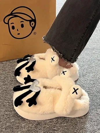 可爱卡通毛毛拖鞋女秋冬外穿毛绒凉鞋厚底室内家居两穿包头棉拖鞋商品大图