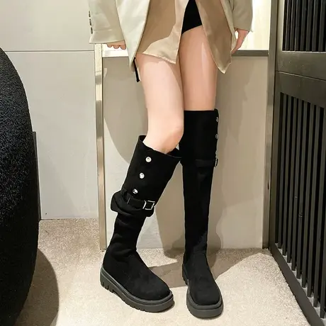 长筒靴女粗跟黑色高筒长靴2023年新款两穿瘦瘦靴爆款高级感骑士靴商品大图