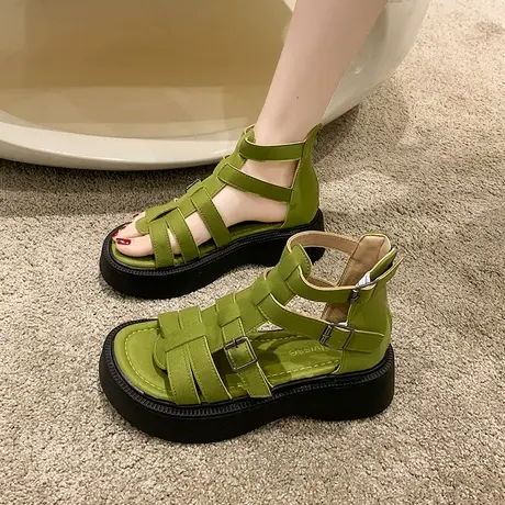 凉鞋2023年女新款夏季时尚复古百搭编织皮带扣松糕厚底防滑罗马鞋商品大图