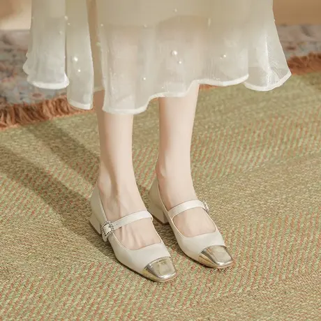 法式玛丽珍女鞋2024新款秋小香风拼色粗跟浅口软皮单鞋中跟不累脚图片