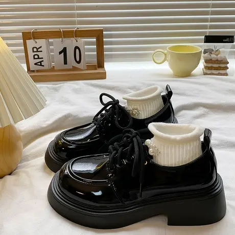 小皮鞋女乐福鞋英伦风2023新款春秋夏季系带复古厚底百搭黑色鞋子图片