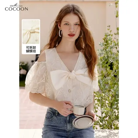 missCOCOON法式蝴蝶结短袖蕾丝雪纺衫女2023夏装新款V领露肩上衣商品大图