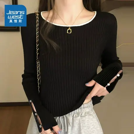 KP真维斯女装长袖针织衫2024春季新款小众设计感修身圆领套头衫女商品大图