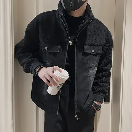 牛仔棉服外套男冬季2023新款潮流保暖加厚工装休闲摇粒绒拼接棉衣商品大图