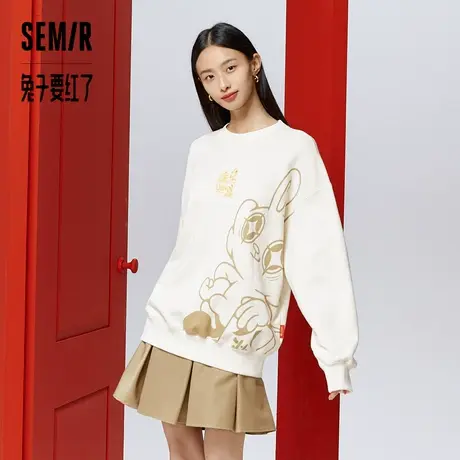 森马兔子要红了卫衣女刺绣卡通红色春季oversize印花圆领上衣女生图片