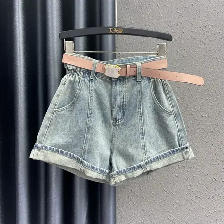 欧货收腰设计感牛仔短裤女24春夏新款浅色宽松百搭卷边a字阔腿裤商品大图