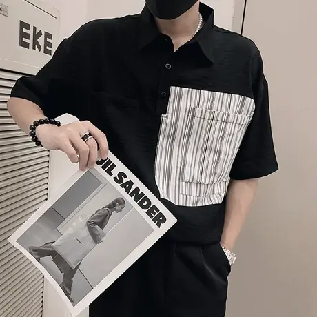 夏季男士T恤潮流POLO衫设计感条纹拼色个性潮牌中袖短袖衬衫体恤商品大图