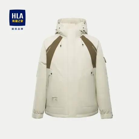HLA/海澜之家连帽保暖羽绒服23秋冬新鸭绒结实耐磨米白镶拼外套男图片
