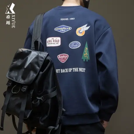 希越360g双面棉卫衣男春秋季美式潮牌套头衫宽松大码男士圆领上衣商品大图