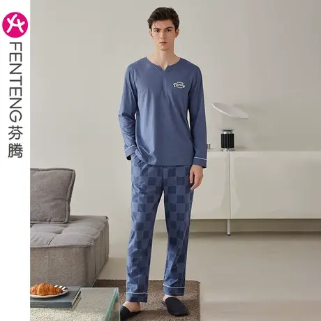 芬腾纯棉睡衣男春秋长袖休闲圆领套头韩版青年宽松全棉家居服套装商品大图