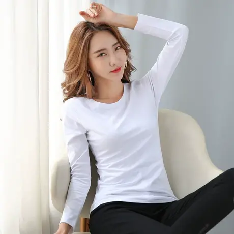 打底衫女长袖2024早春新款学生内搭纯色上衣百搭圆领简约白色t恤商品大图