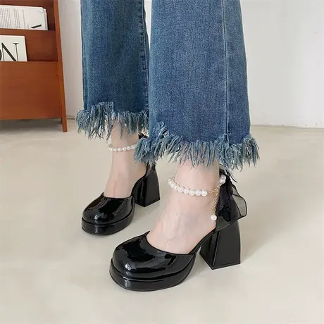 包头凉鞋单鞋女2024春夏季新款百搭小个子粗跟防水台玛丽珍高跟鞋商品大图