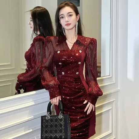 独特超好看衬衫POLO领亮片连衣裙轻奢气质泡泡袖性感名媛包臀裙子图片