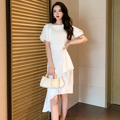 白色泡泡袖生日宴会小礼服平时可穿包臀不规则荷叶边修身连衣裙女商品大图
