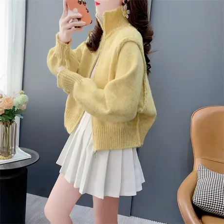 复古纯色高领毛衣开衫女春季2024年新款百搭宽松拉链针织外套上衣商品大图