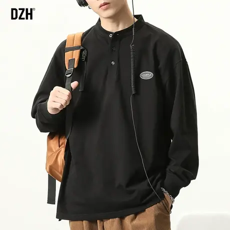 男士亨利领长袖t恤男重磅纯棉2024新款春季长袖打底美式上衣体恤商品大图