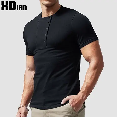 亨利领T恤男短袖紧身修身夏季纯棉复古亨利衫打底衫带扣体恤上衣图片