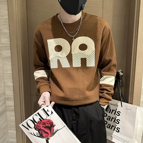 春季复古坑条拼接卫衣男2024新款潮牌上衣ins潮流内搭长袖T恤衫商品大图