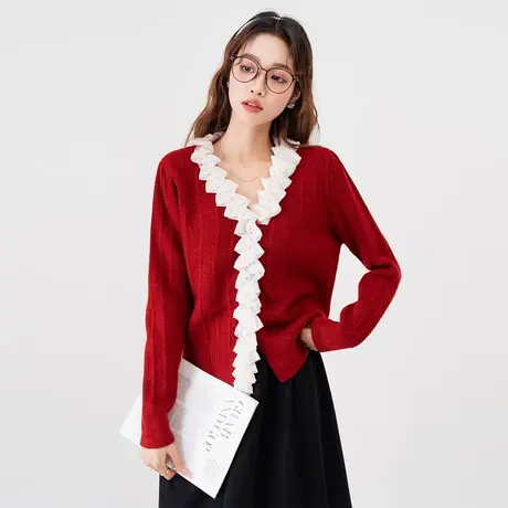 othermix 设计感拼接V领针织衫女2024春秋新款别致毛衣开衫短上衣图片