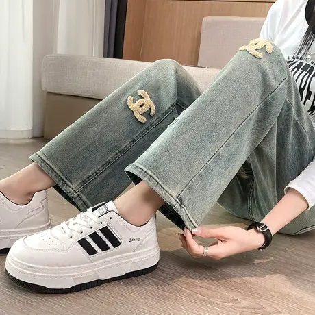 浅色直筒牛仔裤女2024年春秋新款设计感高腰显瘦刺绣窄版阔腿裤潮商品大图