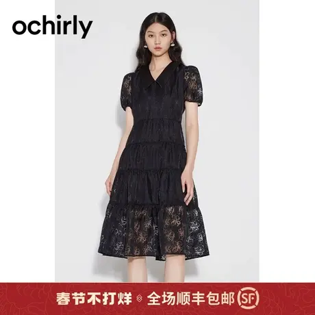 【新降】度假系列 欧时力 烧花网纱泡泡袖连衣裙23新夏V翻领A字图片