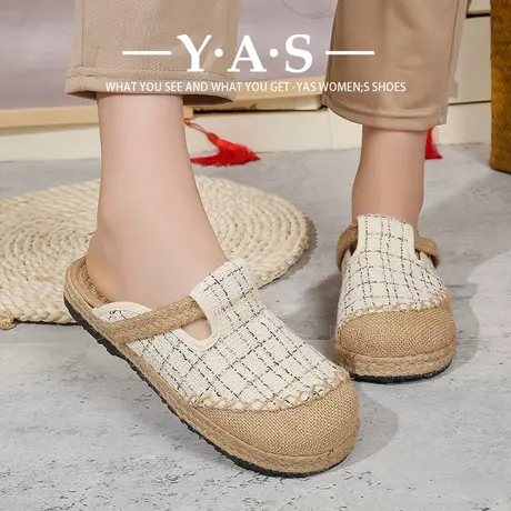 拼色春夏新款亚麻鞋女原创文艺森女单鞋手工缝线格子绣花透气布鞋商品大图