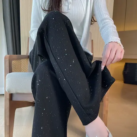 黑色休闲卫裤女春秋高腰抽绳显瘦运动裤设计感宽松垂感窄版阔腿裤商品大图