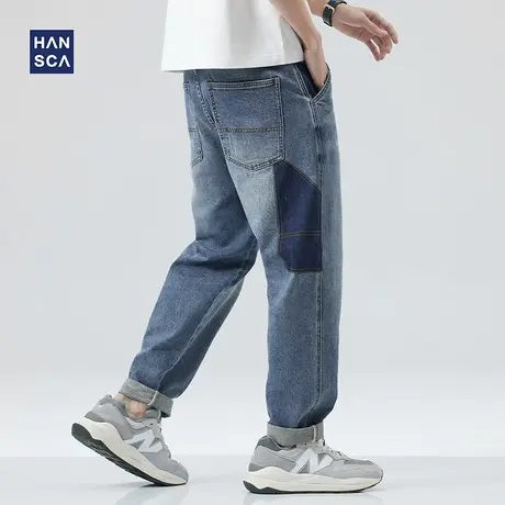 hansca弹力牛仔裤男美式休闲青少年春季潮牌撞色宽松直筒锥形长裤商品大图