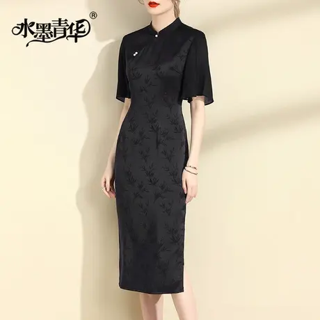 水墨青华2024夏季新品新中式国风旗袍优雅百搭黑色显瘦提花连衣裙商品大图