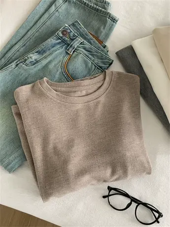 软糯亲肤磨毛圆领长袖T恤女春季新款韩版宽松显瘦休闲百搭打底衫商品大图