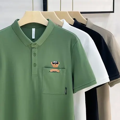 日系口袋简约短袖polo衫男夏季新品小熊印花翻领T恤青少年体恤衫商品大图