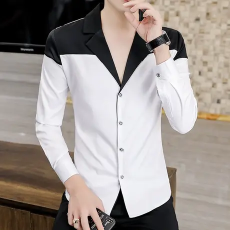 发型师潮牌时尚拼色衬衣男士韩版痞帅秋季网红个性古巴领长袖衬衫商品大图