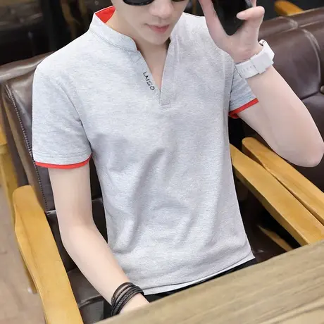 2023夏季男士短袖t恤潮流立领polo衫v领半袖体恤打底衫男装上衣服商品大图