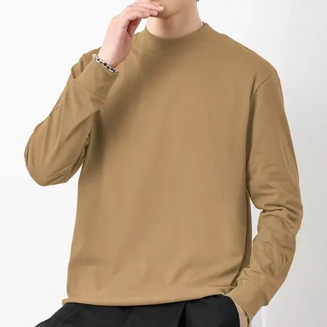 240g重磅纯棉半高领长袖t恤男装中领内搭纯色打底衫全棉秋衣小衫商品大图