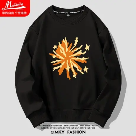 美式创意烟花趣味圆领卫衣男秋季新款黑色宽松潮流大码简约长袖衫图片