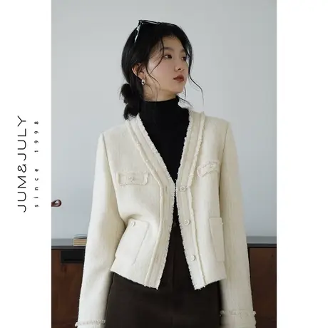 嘉茱莉新款短款双面呢子大衣女羊毛小香风外套设计感流苏毛边上衣商品大图