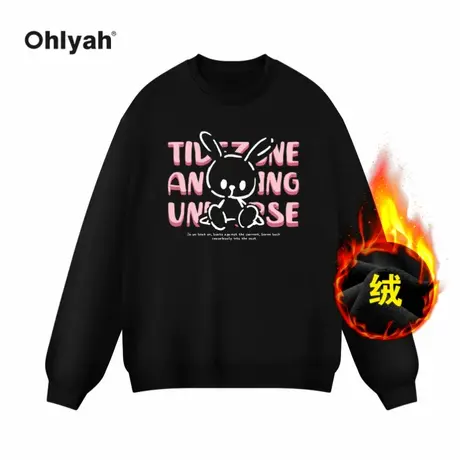 Ohlyah黑色oversize卫衣女2023新款秋冬潮牌宽松中长秋冬加绒外套商品大图