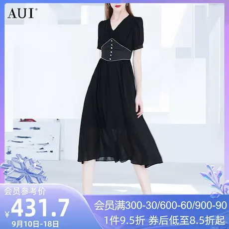 AUI黑色气质v领雪纺连衣裙女夏2023新款设计感小众收腰显瘦中长裙图片