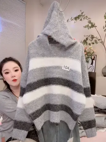 休闲百搭连帽套头毛衣女2023秋装新款宽松显瘦条纹撞色针织衫上衣图片