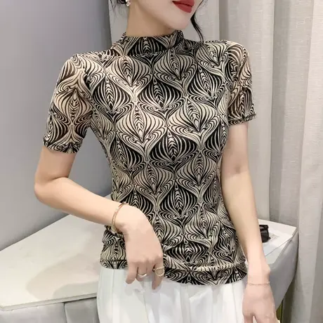 欧货洋气半高领打底衫女短袖印花网纱T恤漂亮减龄别致上衣半袖ins商品大图