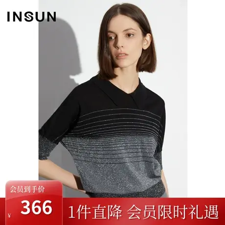 恩裳COVER2023夏季新款凉感冰丝拼撞光银色条纹针织衫简约上衣女商品大图