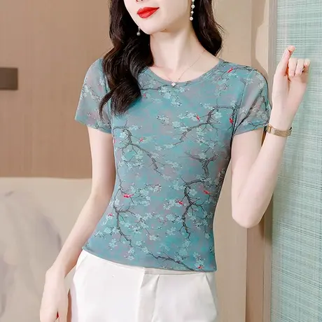 复古漂亮网纱短袖T恤女士夏装洋气别致印花小衫性感修身百搭上衣商品大图