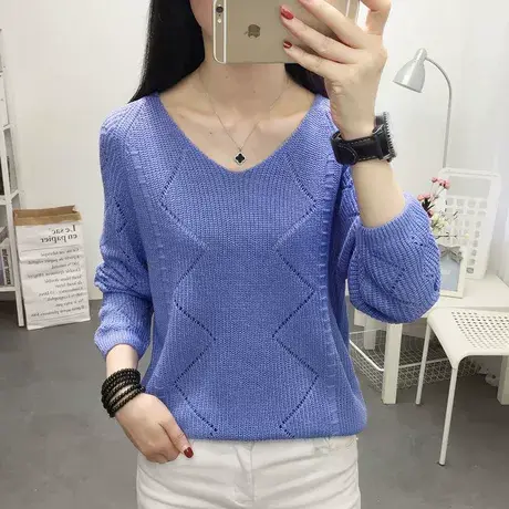 2021新款春装V领镂空宽松百搭冰丝针织打底衫薄款百搭毛衣上衣女图片