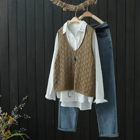 钩花镂空棉线针织套头马甲女背心春秋季2022新款短款纯色V领坎肩商品大图