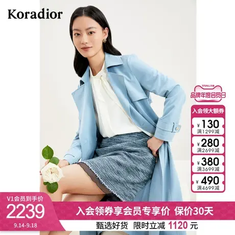 珂莱蒂尔秋冬新款蓝色风衣女中长款气质通勤百搭双排扣长款外套女图片