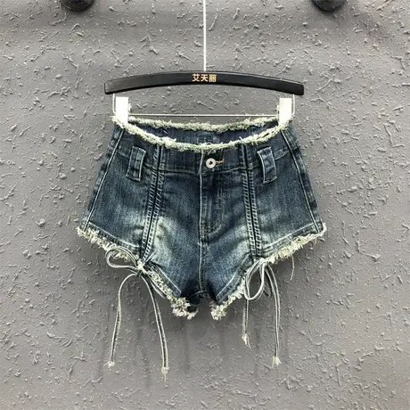 网红怀旧复古系带毛边低腰性感牛仔超短裤女夏2023新款显瘦阔腿裤商品大图